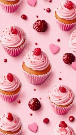 Pink Frosted Cupcakes with Raspberries and Chocolate Truffles. Styled Food Photography.