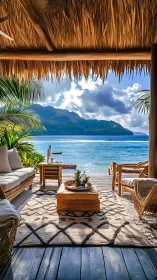 Tropical waterfront lounge under thatched roof with island view.