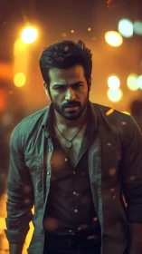 Moody street portrait with cinematic neon bokeh glow.