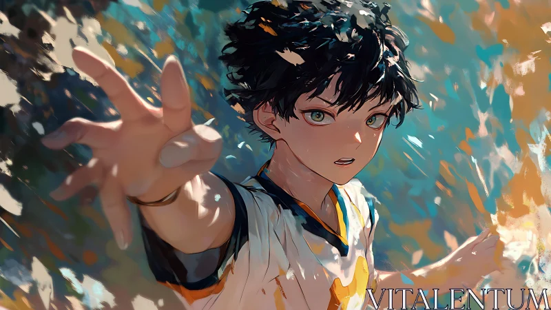 Young figure extending hand in dynamic painted scene.