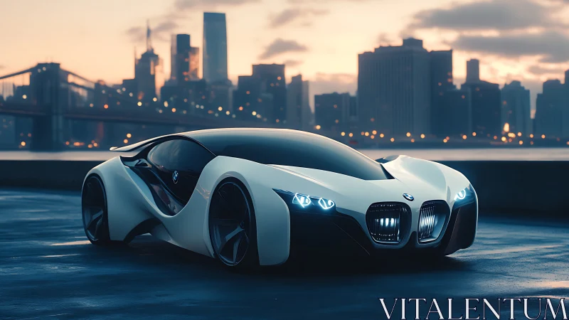 Futuristic BMW concept car glows against a misty city skyline