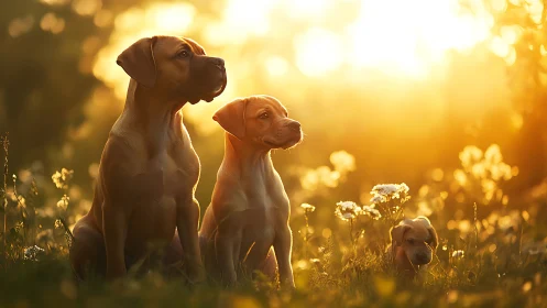 Boxer puppies in golden hour meadow light sit alert.