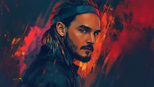 Brushstroked rebel studies the firestorm behind his shoulder