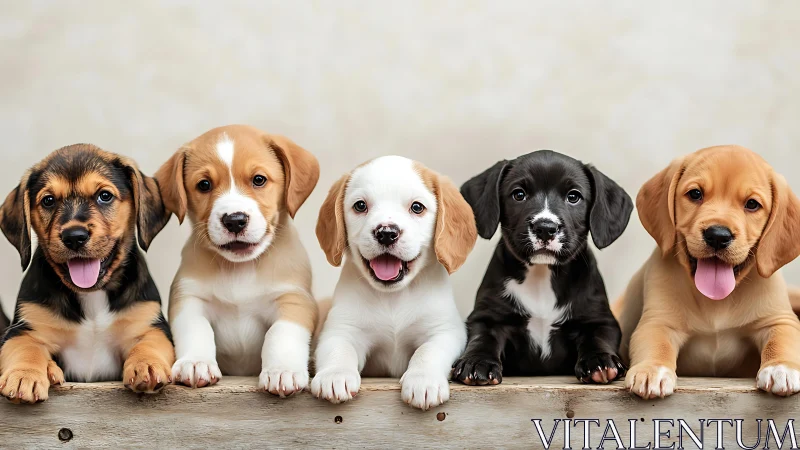 Five young mixed-breed puppies sit aligned on wooden ledge