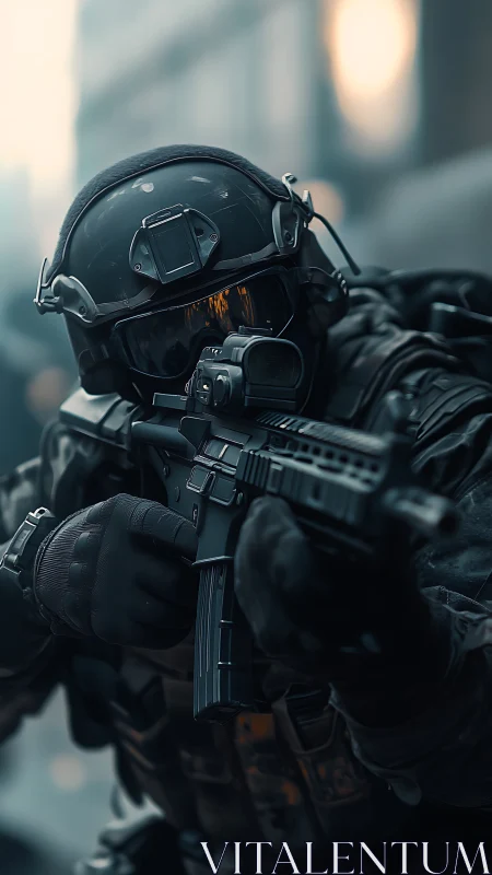 Tactical operator aiming carbine with urban combat optics deployed.