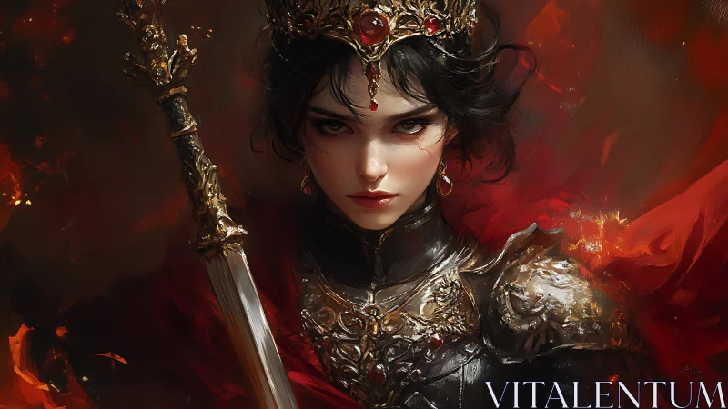 Regal armored woman with jeweled crown against red field.