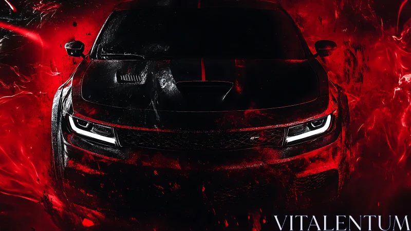 Aggressive black muscle car emerges from blazing red light