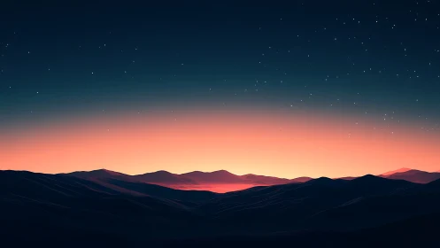 Digital dusk horizon over layered mountain silhouettes.
