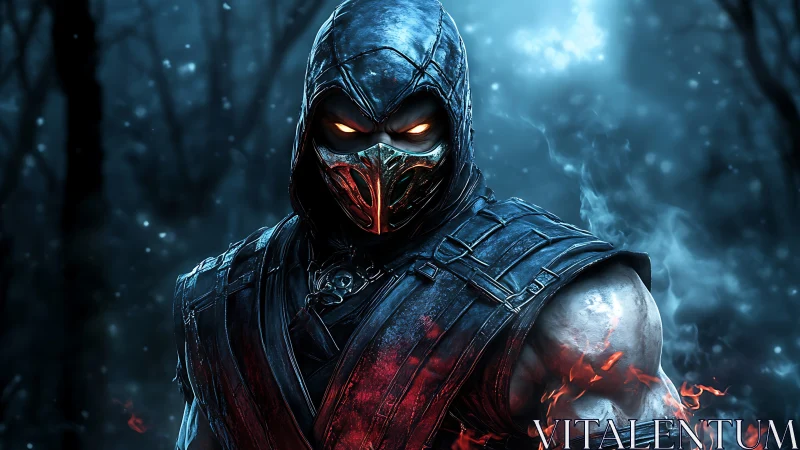 Hooded fire warrior stalks a misty blue haunted forest.