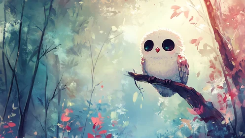 Cute white owl with big eyes on a branch, whimsical digital art.