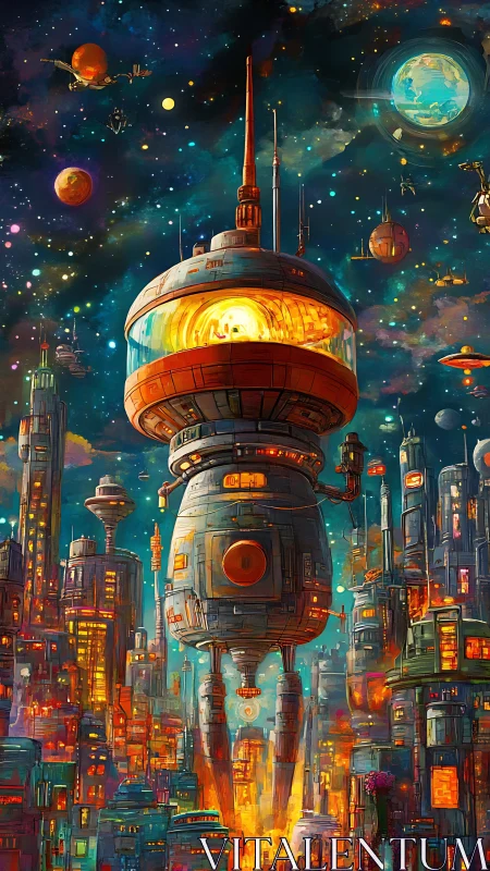 Futuristic rocket tower over dense neon sci fi cityscape.
