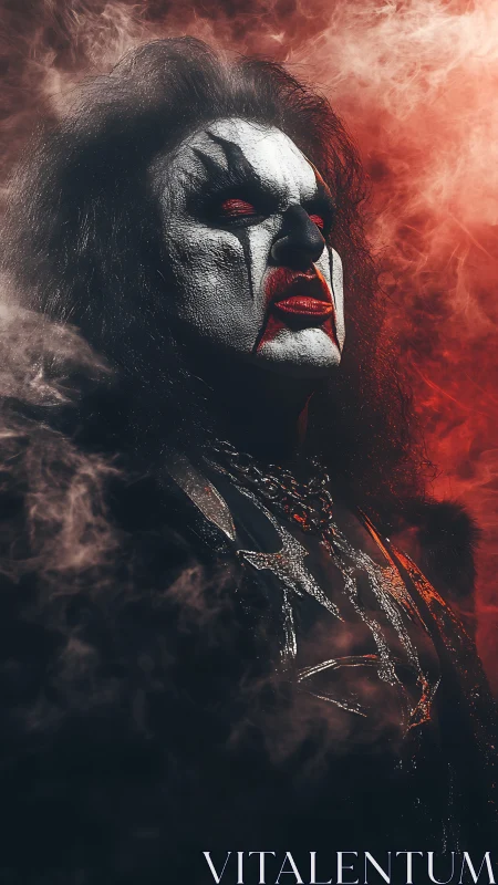 Corpse-painted metal vocalist in cinematic red fog portrait.