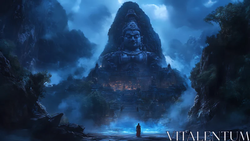 Moonlit mountain deity and lone pilgrim at misted gate.