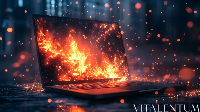 Digital Fire: Laptop Ablaze with Glowing Energy.