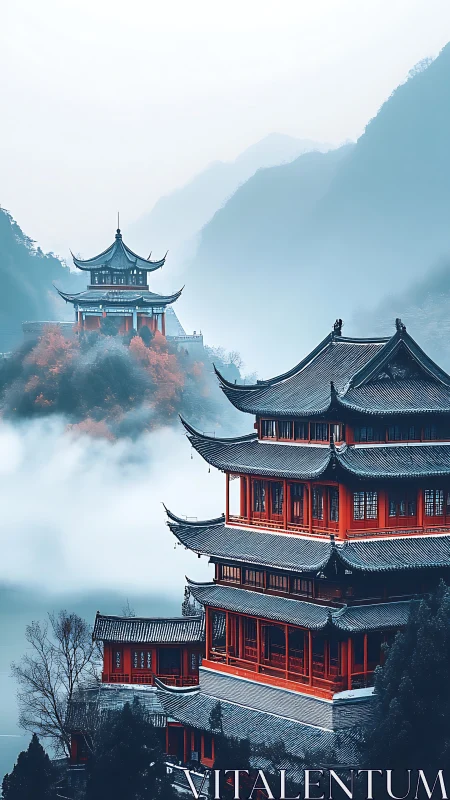 Tiered red pagodas in misty mountain valley with dense fog