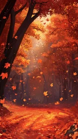 Autumn forest path with falling leaves under soft light.