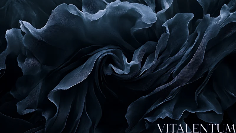 Swirling midnight fabric folds in abstract macro study.