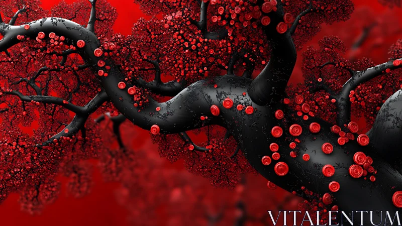 Black lacquered branch carries dense red fractal blooms