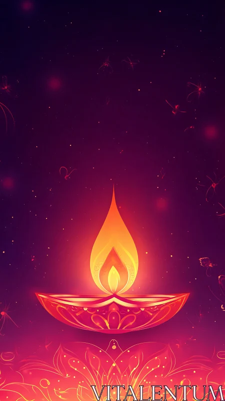 Single decorative oil lamp with stylized flame on dark field.