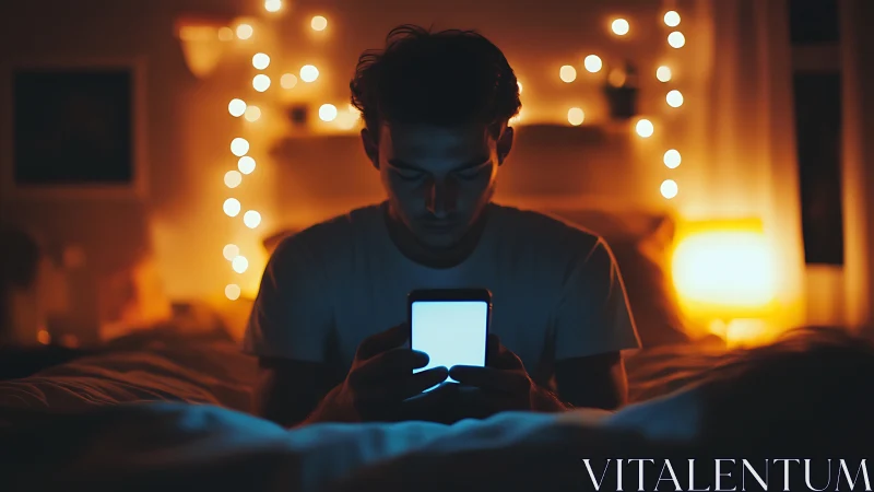 Young man lit by smartphone screen in low key bedroom lighting