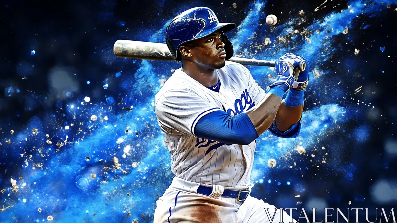 Dynamic baseball batter in mid-swing with explosive particle effects