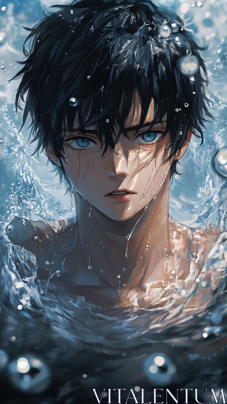 Male anime swimmer emerges from water with wet black hair