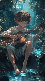 Young guitarist sits by forest stream in soft dappled light.