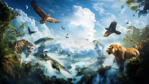 Majestic Wildlife Gathering in a Breathtaking Floating Valley.