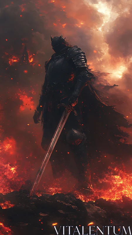 Dark armored knight rises from molten battlefield in flames