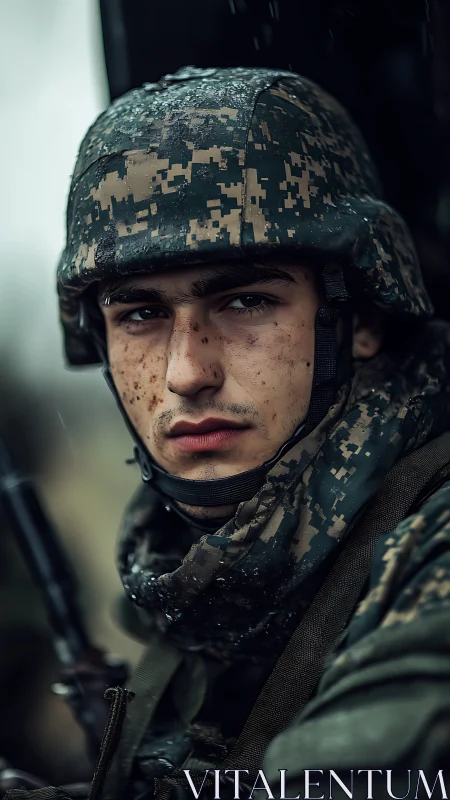 Rain-soaked young soldier holding the line in solemn silence.
