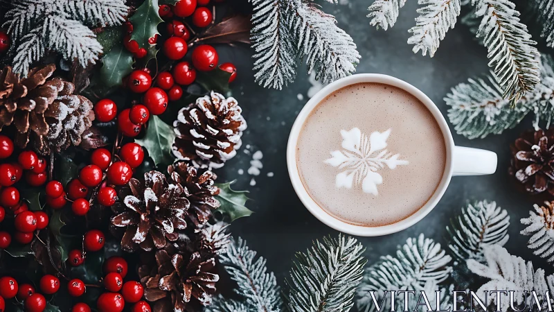 Snowflake latte art framed by frosted evergreens and holly berries