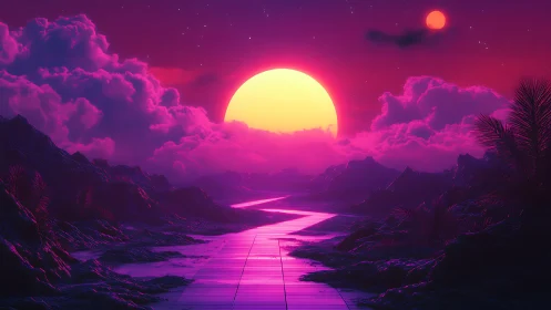 Neon landscape with solar horizon and reflective pathway.