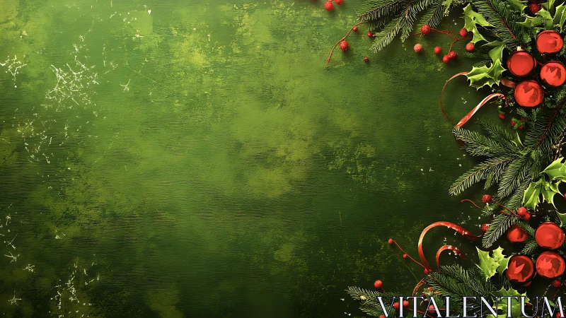 Festive evergreen border with red ornaments on green field.