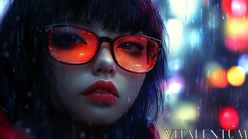 Cyberpunk neon portrait with reflective red visor glasses.