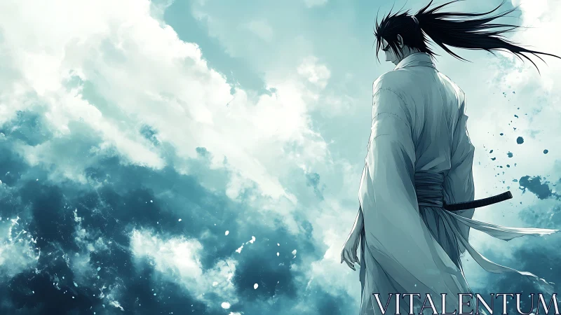 Anime warrior in white kimono against turbulent sky panorama.