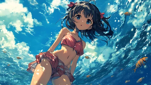Anime girl in coral bikini gazes up through swirling ocean.