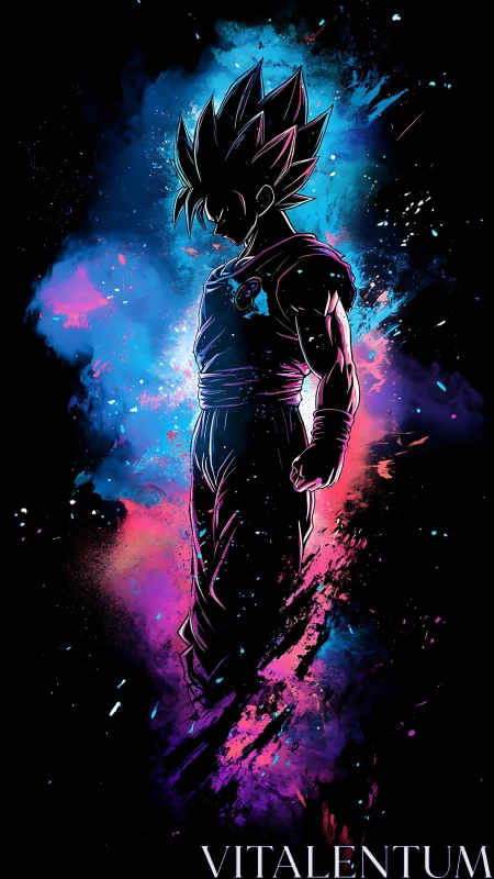 Electric warrior silhouette glows in cosmic neon energy