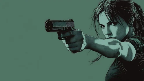 Steel-eyed vigilante aims truth down a muted green corridor.