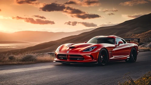 Sunlit red sports car poised on winding mountain highway.