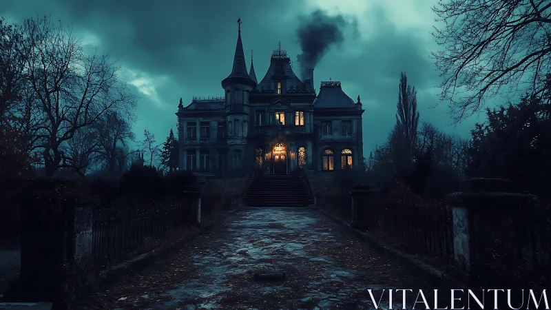 Large mansion at dusk with lit windows and visible smoke.