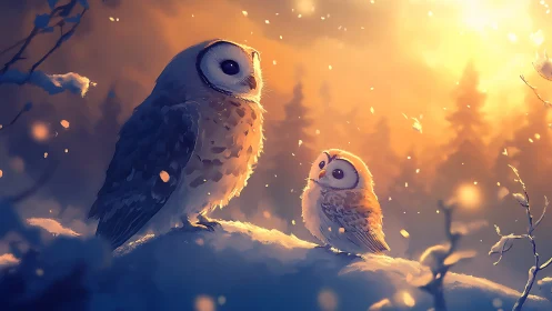 Two Owls on Snowy Branch at Sunset in Dreamy Digital Art.