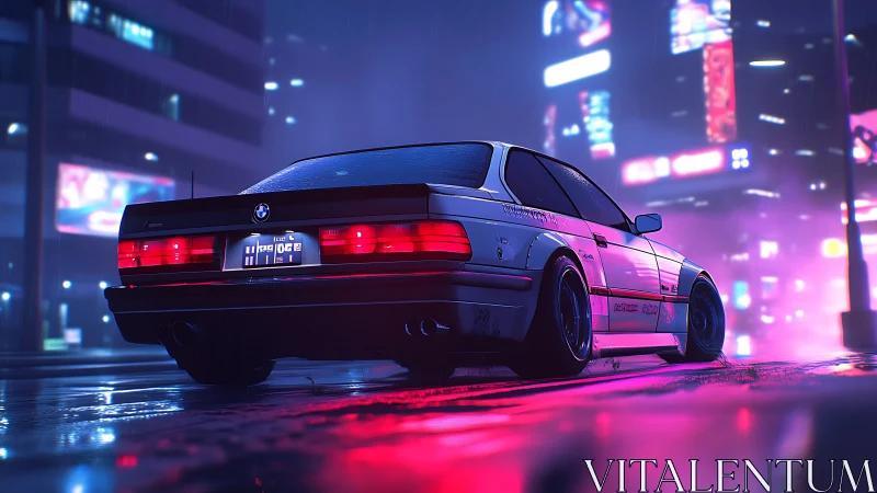 Modified BMW coupe is parked on wet neon city street at night