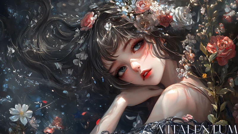 Enchanted girl rests in a dark floral dreamscape of light.