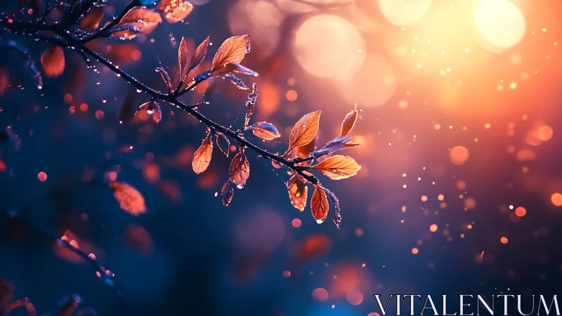 Backlit branch with wet orange leaves in defocused light