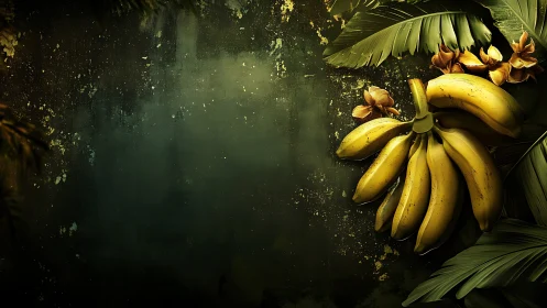 Golden bananas resting in lush jungle warmth and light.