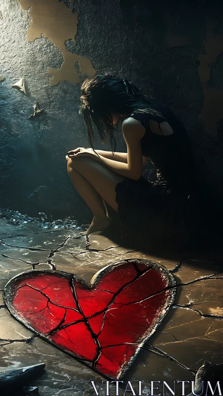 Cracked red heart icon beneath desaturated kneeling figure.