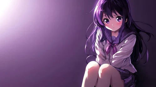 Seated schoolgirl is rendered in side-lit purple anime style