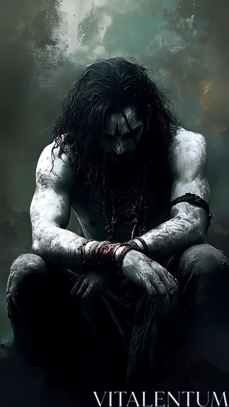 Brooding warrior in shadow, wrapped in quiet stormy emotion.