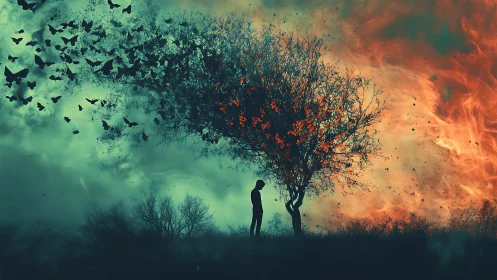 Silhouette stands beneath dissolving tree amid dual skies