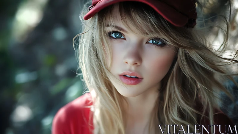 Portrait of blue-eyed girl in red cap, shallow focus rendering